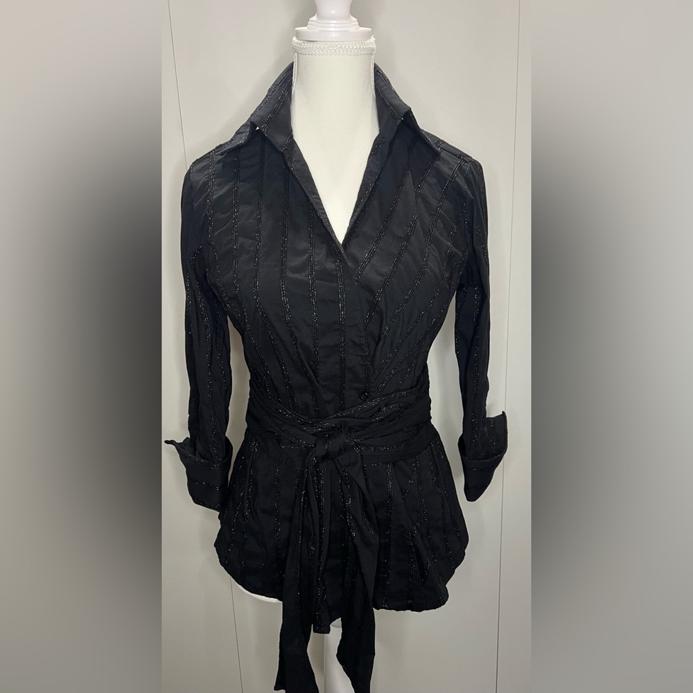 ZARA black striped heavily beaded top with beaded tie, Size medium ITS GORGEOUS